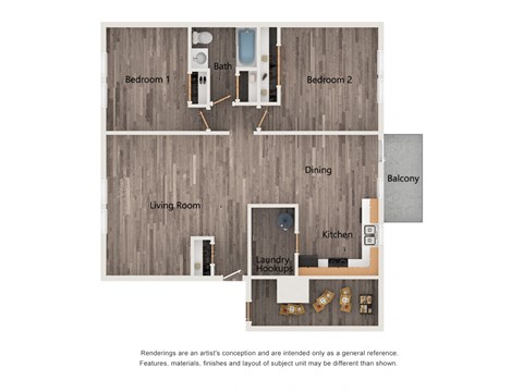 Floor plan for 2 beds, 1 bath, 904 sqft